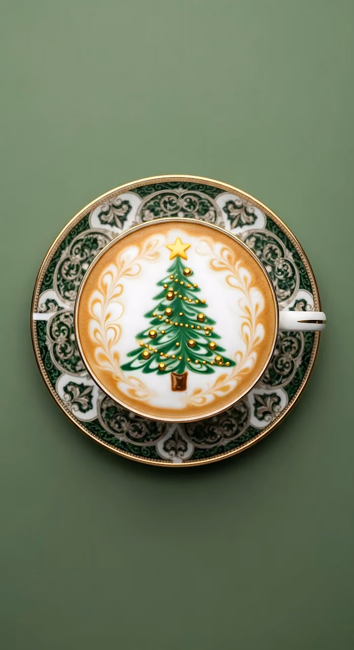 Download Festive Christmas Tree Latte Art Ornate Green Teacup Wallpaper in Mobile HD Festive Christmas Tree Latte Art Ornate Green Teacup - Free Mobile AMOLED Wallpaper Background