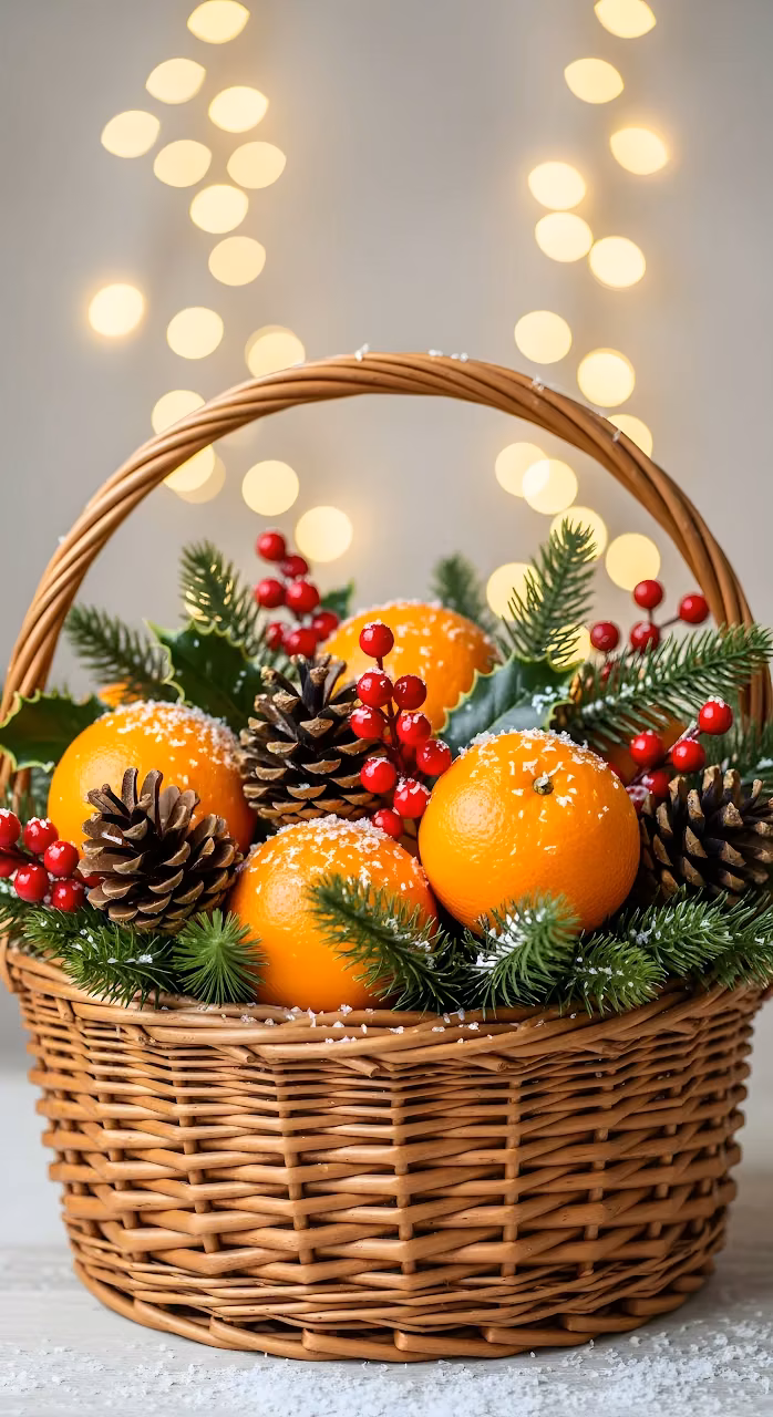 Festive Citrus Basket with Pine Cones and Christmas Berries - Free Mobile AMOLED Wallpaper Background