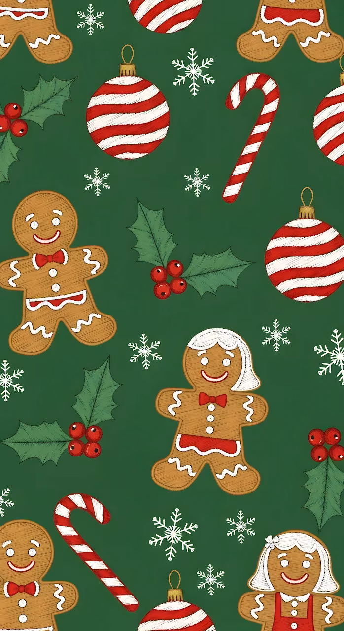 Festive Embroidery Pattern Gingerbread Holly Candy Cane Repeat - Free Mobile AMOLED Wallpaper Background