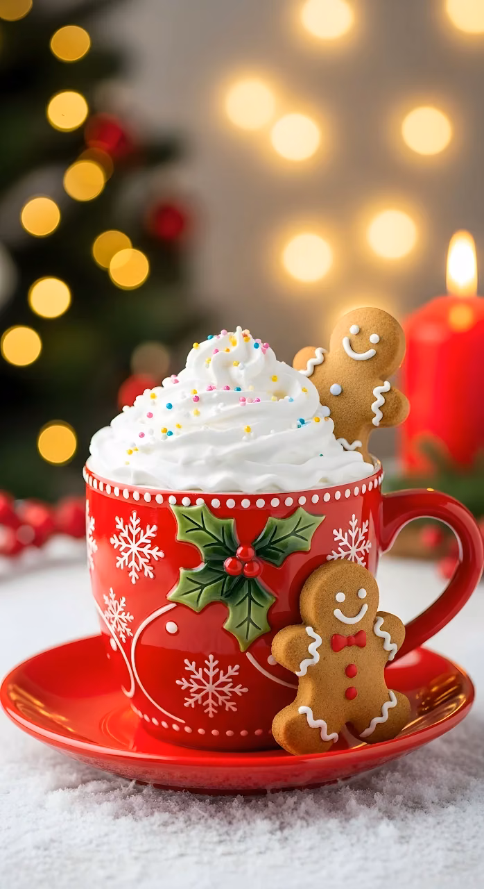Download Festive Gingerbread Hot Cocoa Mug with Christmas Bokeh Lights Wallpaper in Mobile HD Festive Gingerbread Hot Cocoa Mug with Christmas Bokeh Lights - Free Mobile AMOLED Wallpaper Background