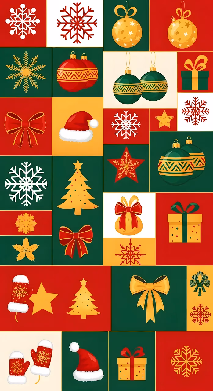 Festive Holiday Icons Pattern Red Green Gold Collage - Free Mobile AMOLED Wallpaper Background
