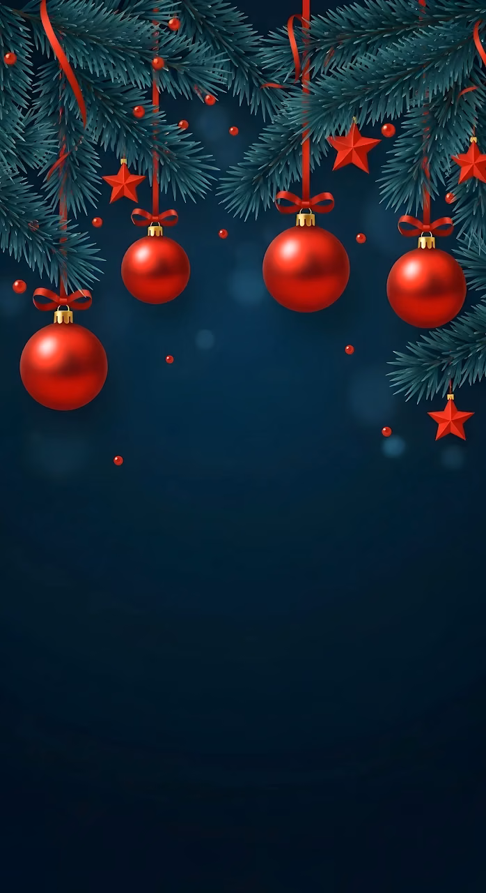 Festive Red Ornaments on Dark Pine Branches - Free Mobile AMOLED Wallpaper Background
