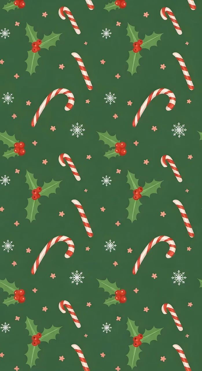 Festive Seamless Pattern with Candy Canes and Holly Berries - Free Mobile AMOLED Wallpaper Background