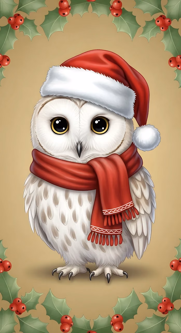 Festive Snowy Owl Portrait Red Santa Hat Holly Border Art - Free Mobile AMOLED Wallpaper Background