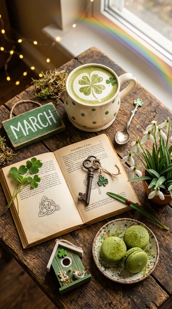 Festive Spring Flatlay with 'MARCH' Sign, Green Coffee, and Macarons - Free Mobile AMOLED Wallpaper Background