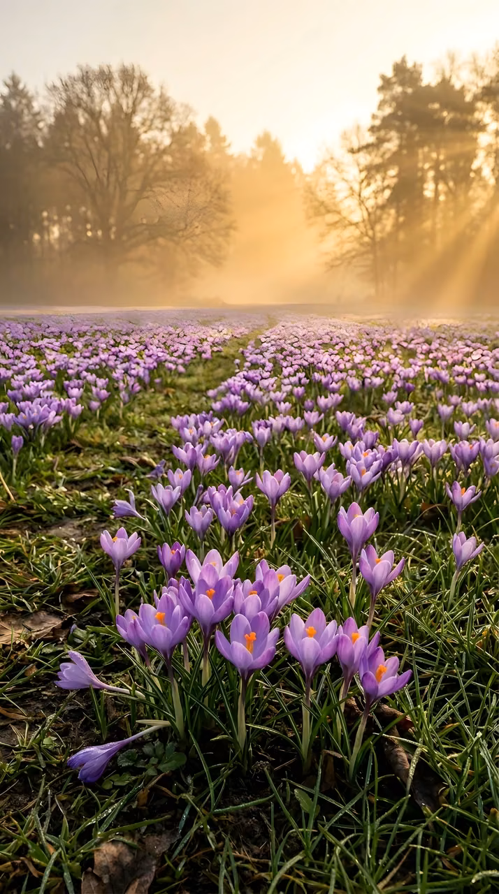Field of Purple Crocuses in Morning Mist - Free Mobile AMOLED Wallpaper Background