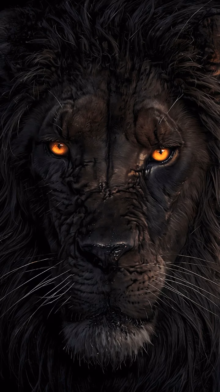 Download Fierce Black Lion Portrait with Glowing Orange Eyes Wallpaper in Mobile HD Fierce Black Lion Portrait with Glowing Orange Eyes - Free Mobile AMOLED Wallpaper Background