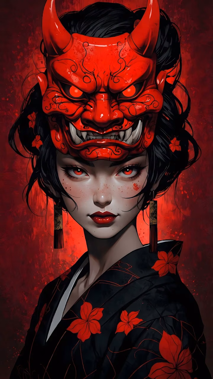 Fierce Oni Mask Geisha Portrait in Crimson and Black Art - Free Mobile AMOLED Wallpaper Background