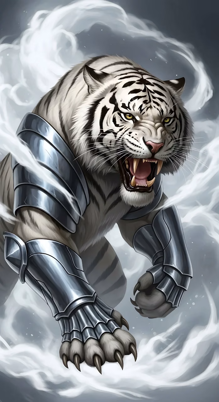 Fierce White Tiger Warrior in Silver Armor Fantasy Art - Free Mobile AMOLED Wallpaper Background