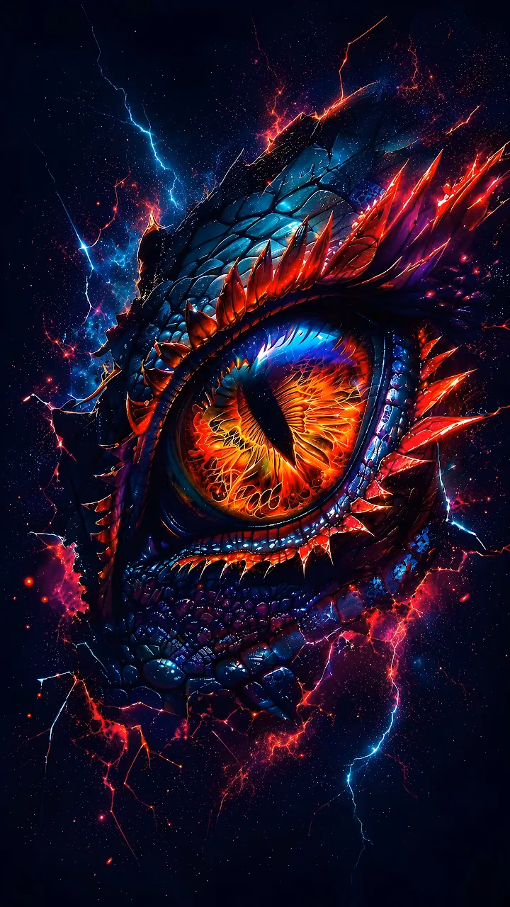 Download Fiery Dragon Eye Cosmic Lightning 4K Wallpaper in Mobile HD Close-up of a glowing orange reptilian dragon eye surrounded by dark scales and lightning arcs.
