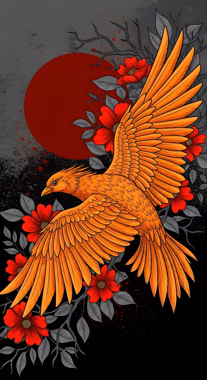 Fiery Orange Phoenix Bird Illustration Red Flowers Dark Sun - Free Mobile AMOLED Wallpaper Background