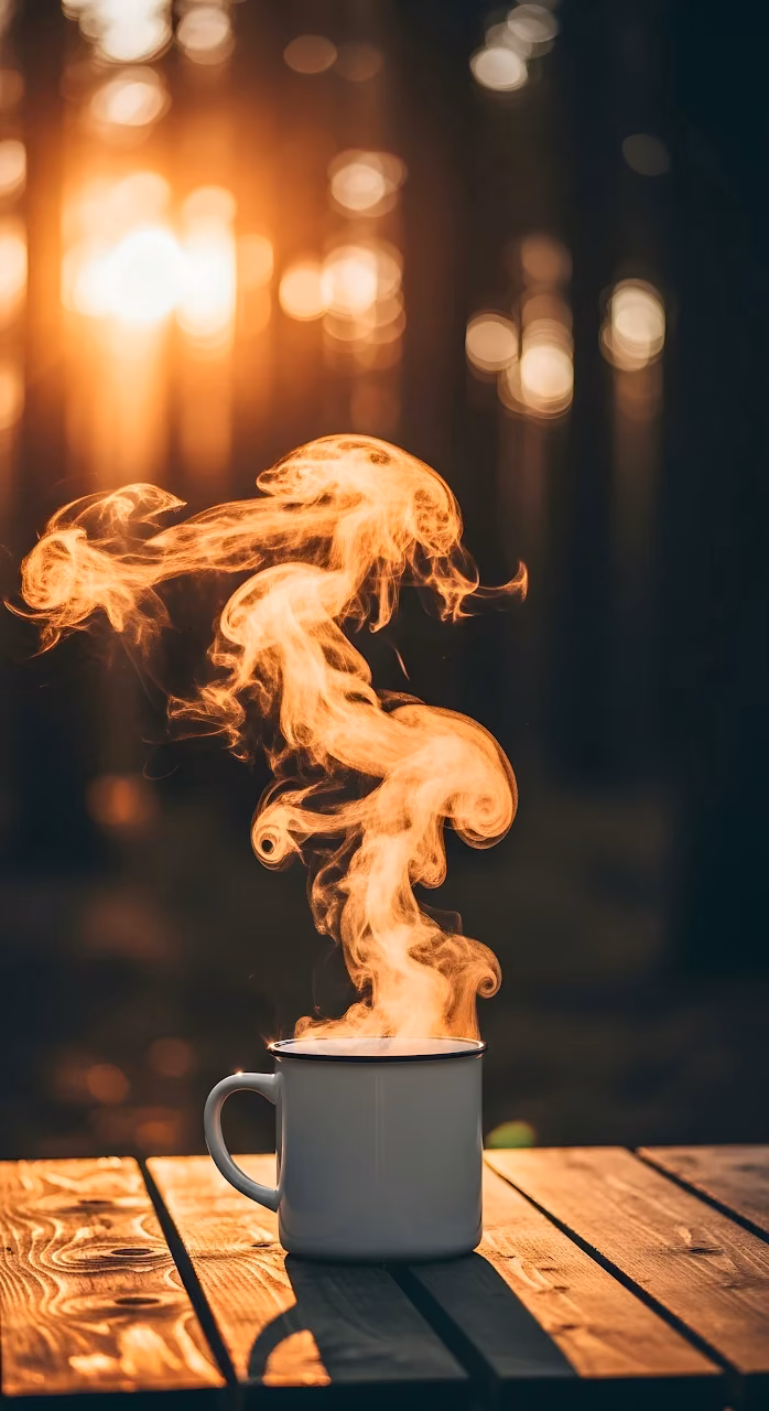 Fiery Steam Mug Golden Hour Forest Camping - Free Mobile AMOLED Wallpaper Background