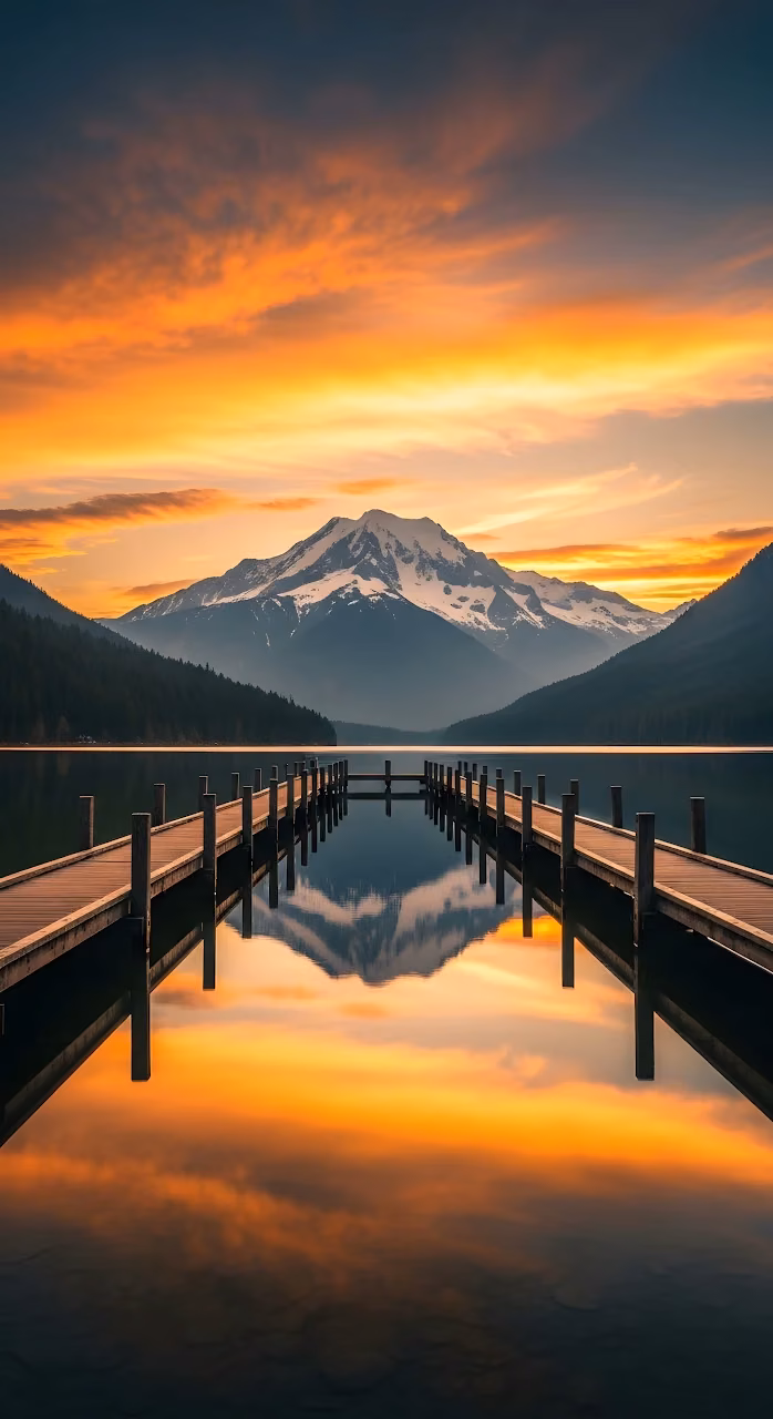 Fiery Sunset Mountain Reflection Over Calm Lake Dock - Free Mobile AMOLED Wallpaper Background