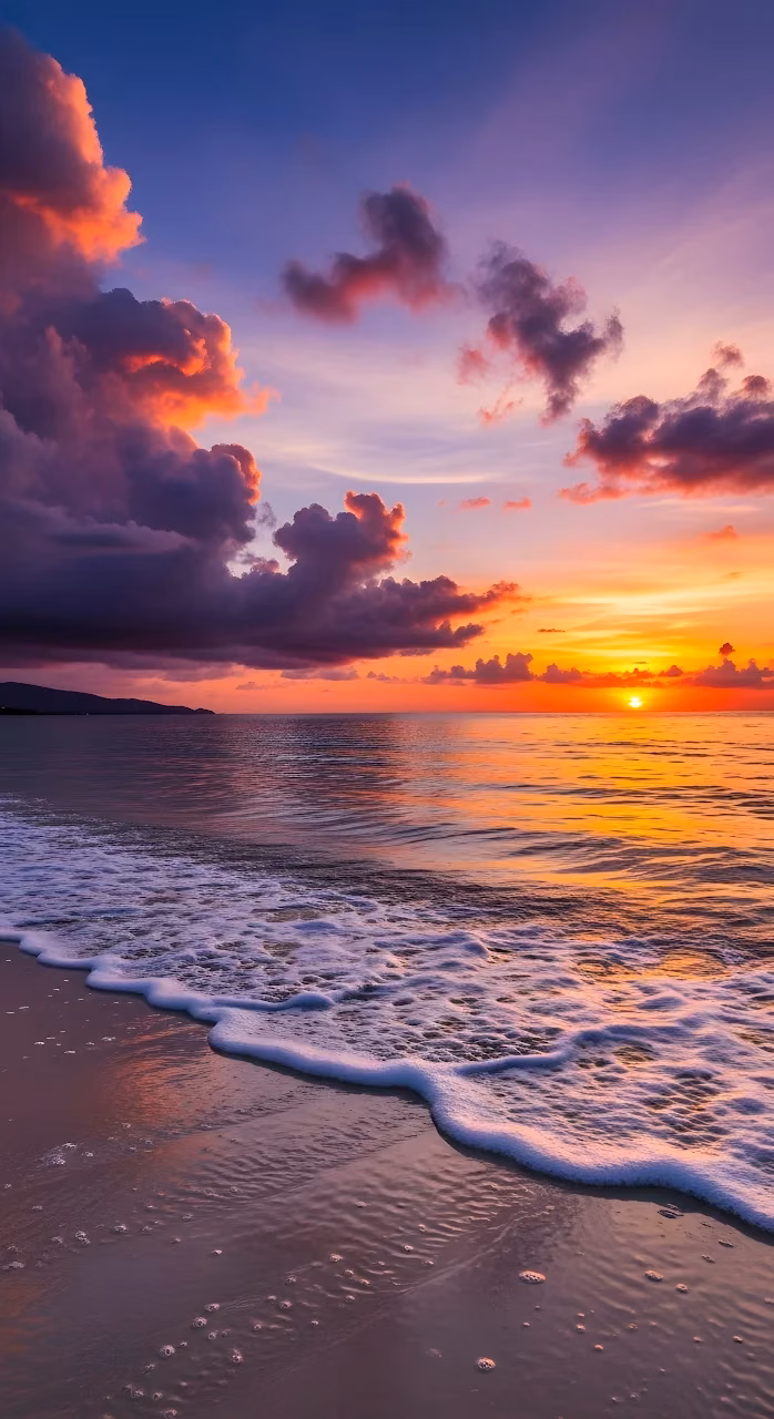 Fiery Sunset Over Ocean Shoreline with Foaming Waves - Free Mobile AMOLED Wallpaper Background
