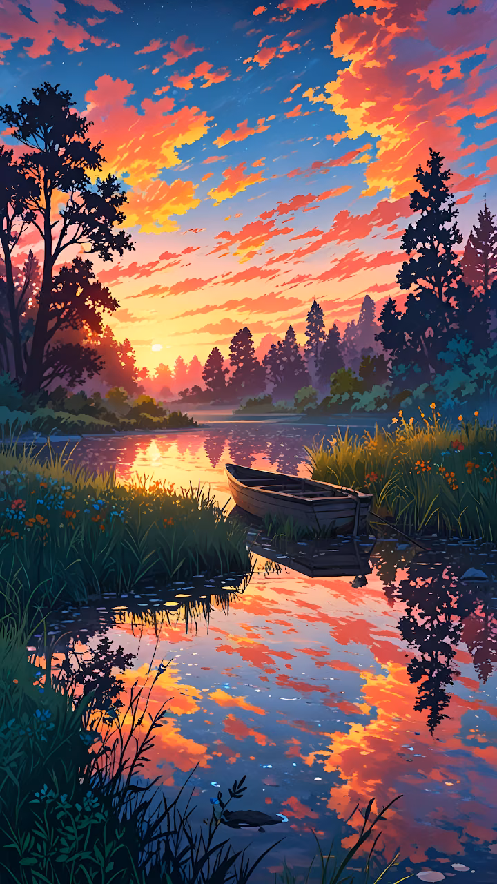 Download Fiery Sunset Reflection Over Tranquil Forest Lake Wallpaper in Mobile HD Fiery Sunset Reflection Over Tranquil Forest Lake - Free Mobile AMOLED Wallpaper Background