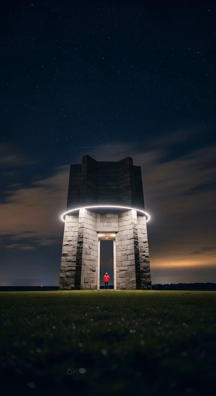 Figure at Entrance of Star-Shaped Stone Monument at Night - Free Mobile AMOLED Wallpaper Background