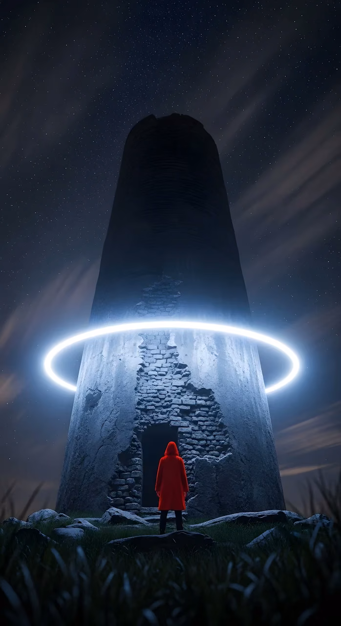 Figure in Red Cloak at Ruined Tower under Starry Sky - Free Mobile AMOLED Wallpaper Background