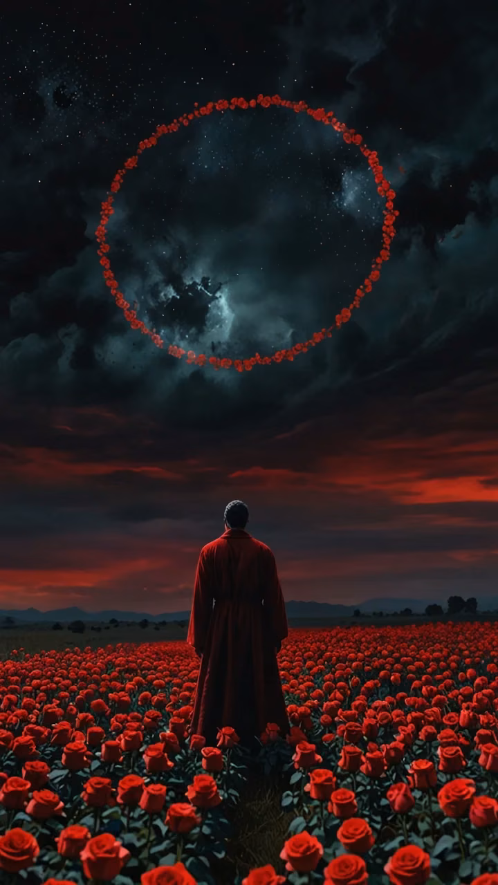 Figure in Red Robe Before Rose Ring in Night Sky - Free Mobile AMOLED Wallpaper Background