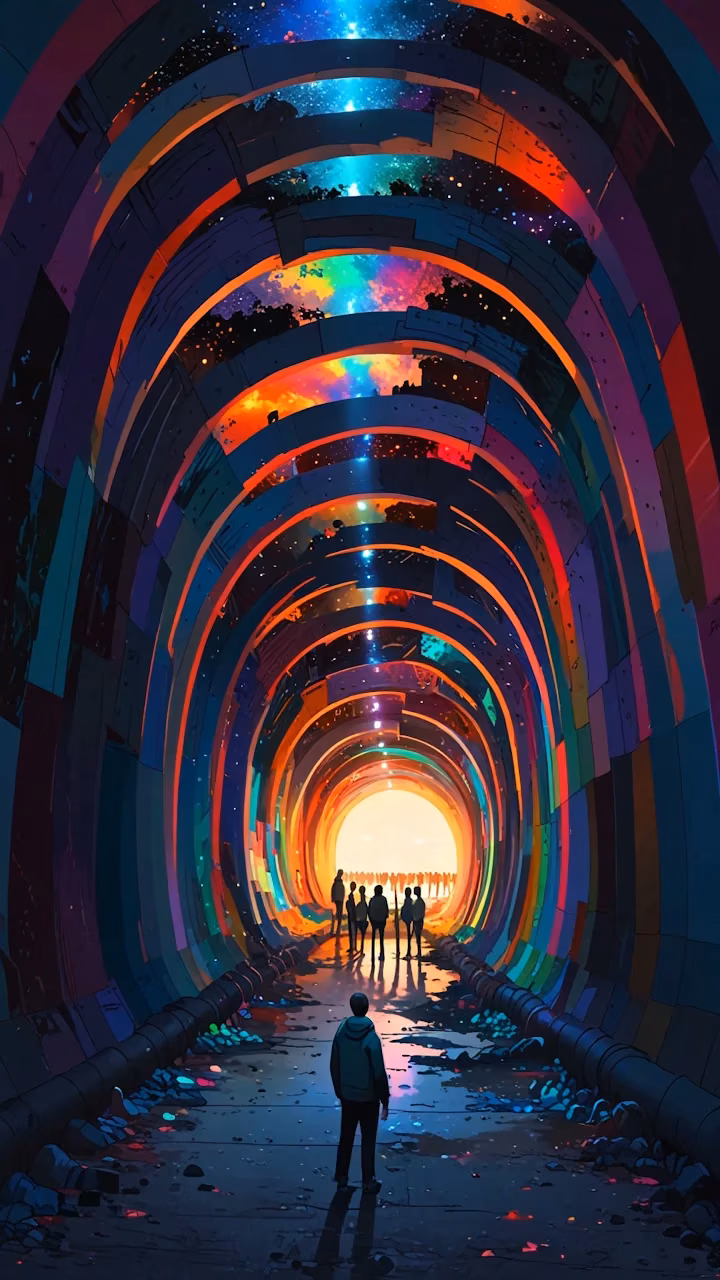 Figures walk through glowing rainbow tunnel toward cosmic light - Free Mobile AMOLED Wallpaper Background