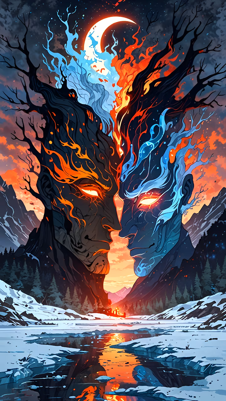 Download Fire and Ice Giants Facing Each Other Under Crescent Moon Wallpaper in Mobile HD Fire and Ice Giants Facing Each Other Under Crescent Moon - Free Mobile AMOLED Wallpaper Background