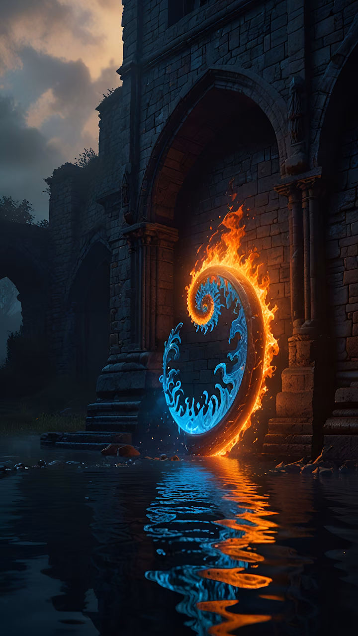 Fire Water Spiral Portal Ancient Ruins Fantasy Scene - Free Mobile AMOLED Wallpaper Background