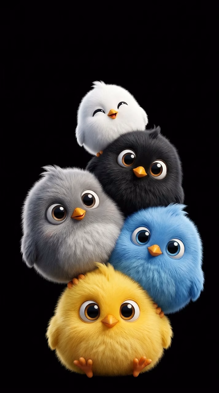 Five Cute Colorful Fluffy Cartoon Birds Stacked on Black Background - Free Mobile AMOLED Wallpaper Background