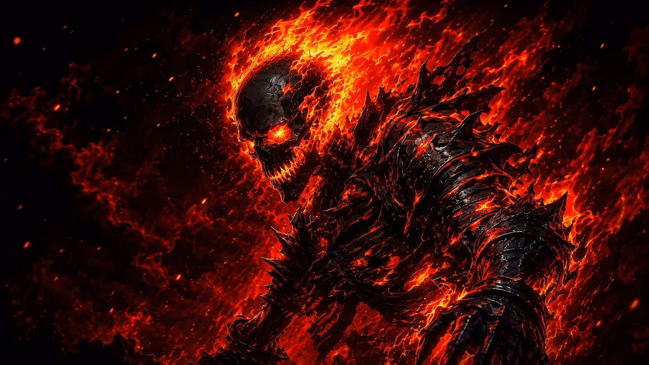 Download Flaming Skull Demon Knight Fiery 4K Wallpaper in 4K UHD Armored demon with a skull head engulfed in bright orange flames and glowing molten lava cracks.