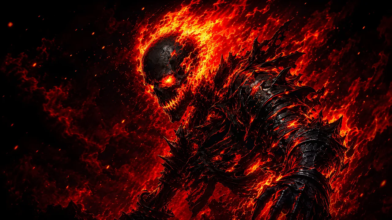 Download Flaming Skull Demon Knight Fiery 4K Wallpaper in 4K UHD Armored demon with a skull head engulfed in bright orange flames and glowing molten lava cracks.