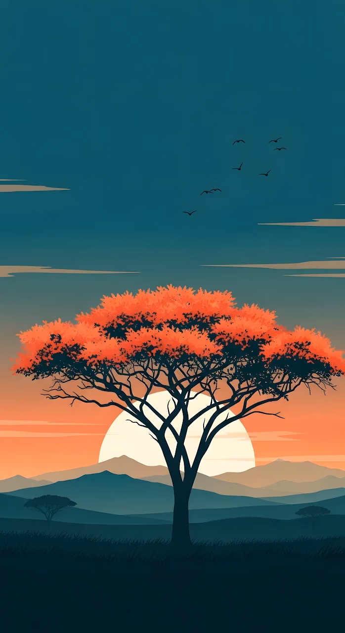 Download Flat Design African Savanna Sunset with Vibrant Acacia Tree Wallpaper in Mobile HD Flat Design African Savanna Sunset with Vibrant Acacia Tree - Free Mobile AMOLED Wallpaper Background