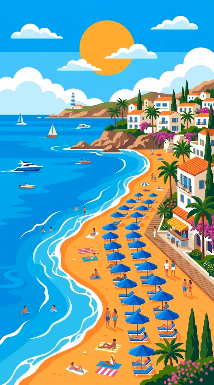 Flat Design Mediterranean Beach Scene with Parasols and Palm Trees - Free Mobile AMOLED Wallpaper Background