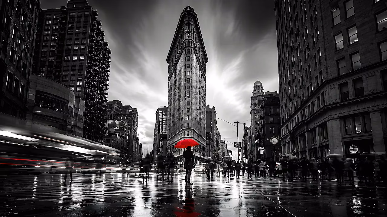 Download Flatiron Building NYC Red Umbrella Rain 4K Wallpaper in 4K UHD Monochrome view of the Flatiron Building in New York City with a person holding a red umbrella on wet pavement.
