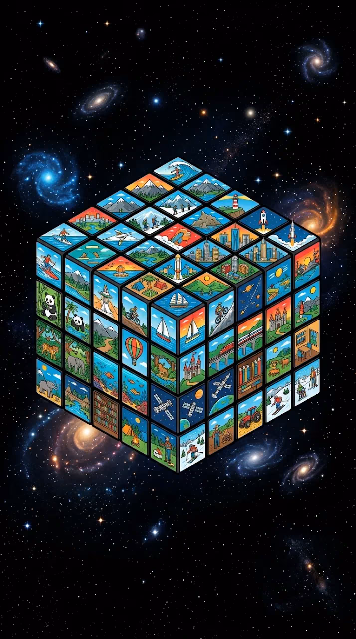 Floating 3D Puzzle Cube with Detailed Miniature Scenes in Each Square - Free Mobile AMOLED Wallpaper Background