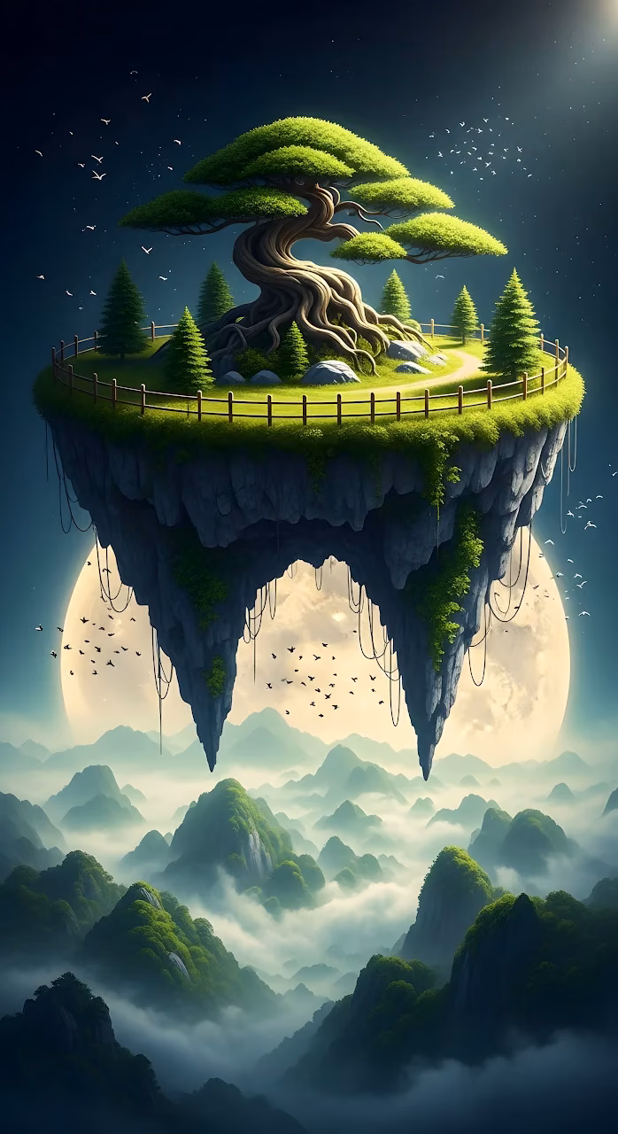 Floating Island Bonsai Tree Over Misty Mountains at Night - Free Mobile AMOLED Wallpaper Background