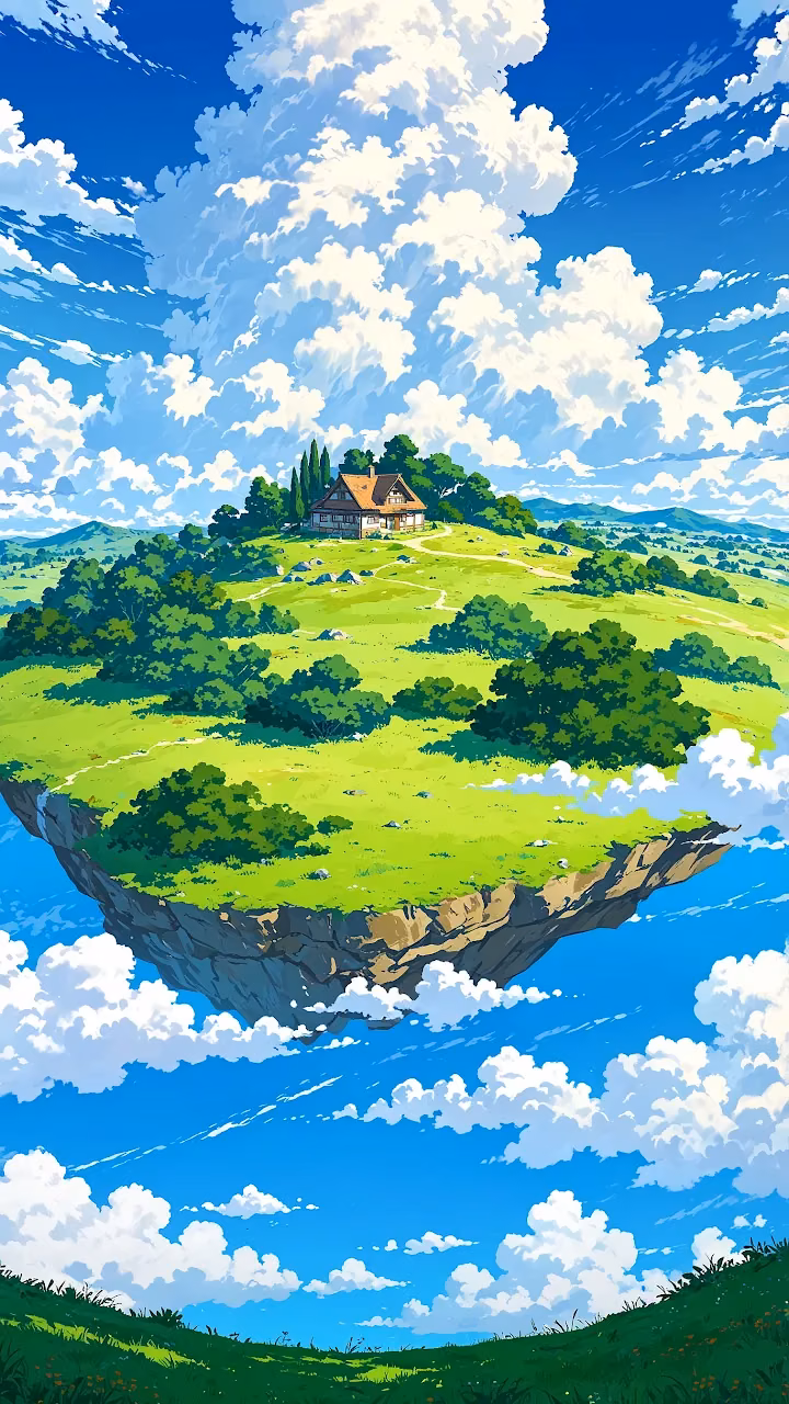 Floating Island with Cozy House in Sky - Free Mobile AMOLED Wallpaper Background