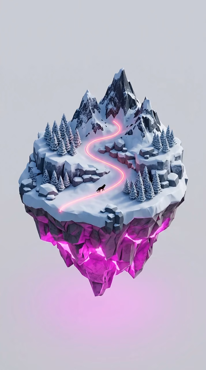 Floating Isometric Snow Mountain Island with Wolf and Neon Lights - Free Mobile AMOLED Wallpaper Background