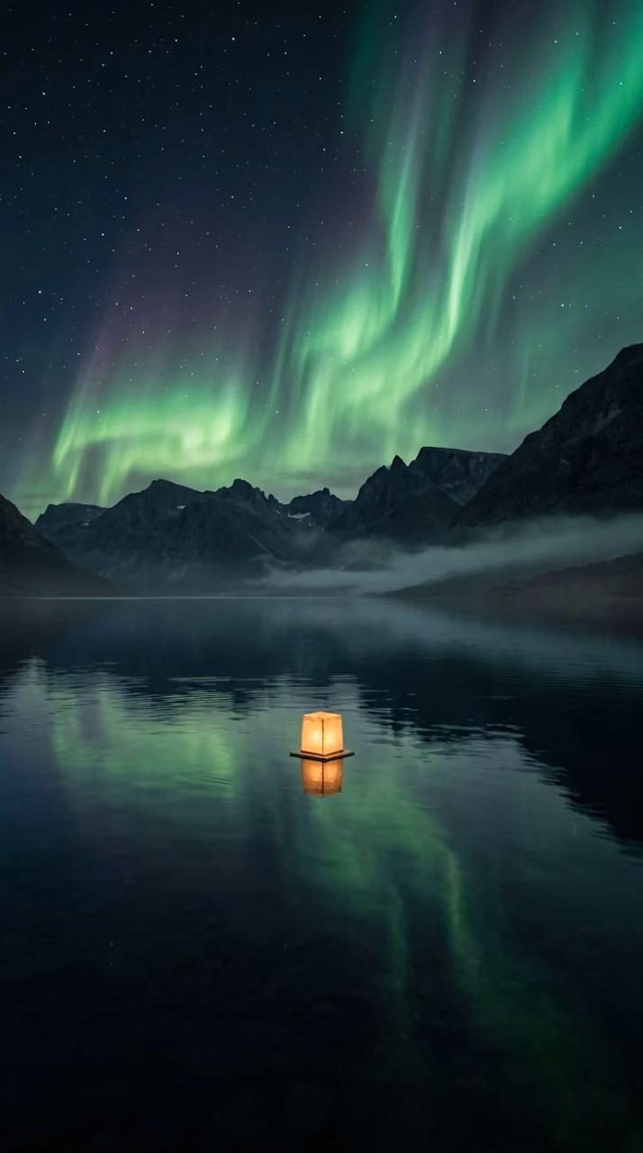 Floating Lantern on Alpine Lake under Northern Lights - Free Mobile AMOLED Wallpaper Background