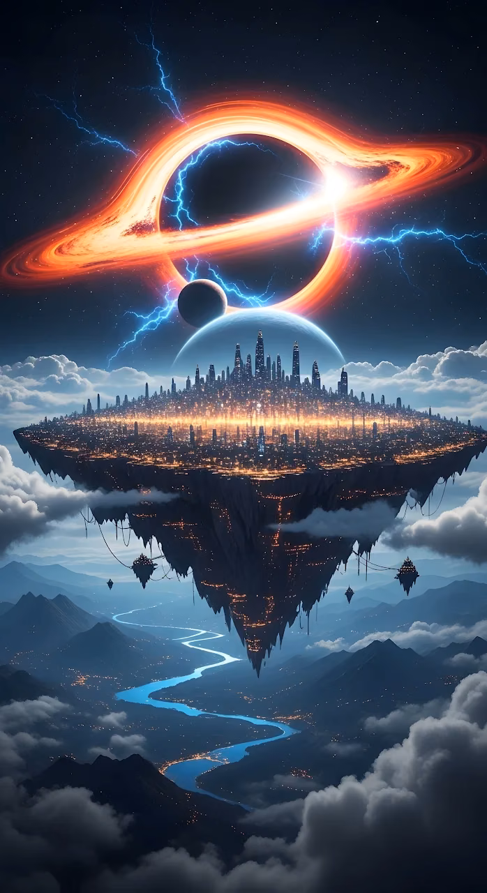Floating Megacity Under Black Hole Accretion Disk - Free Mobile AMOLED Wallpaper Background
