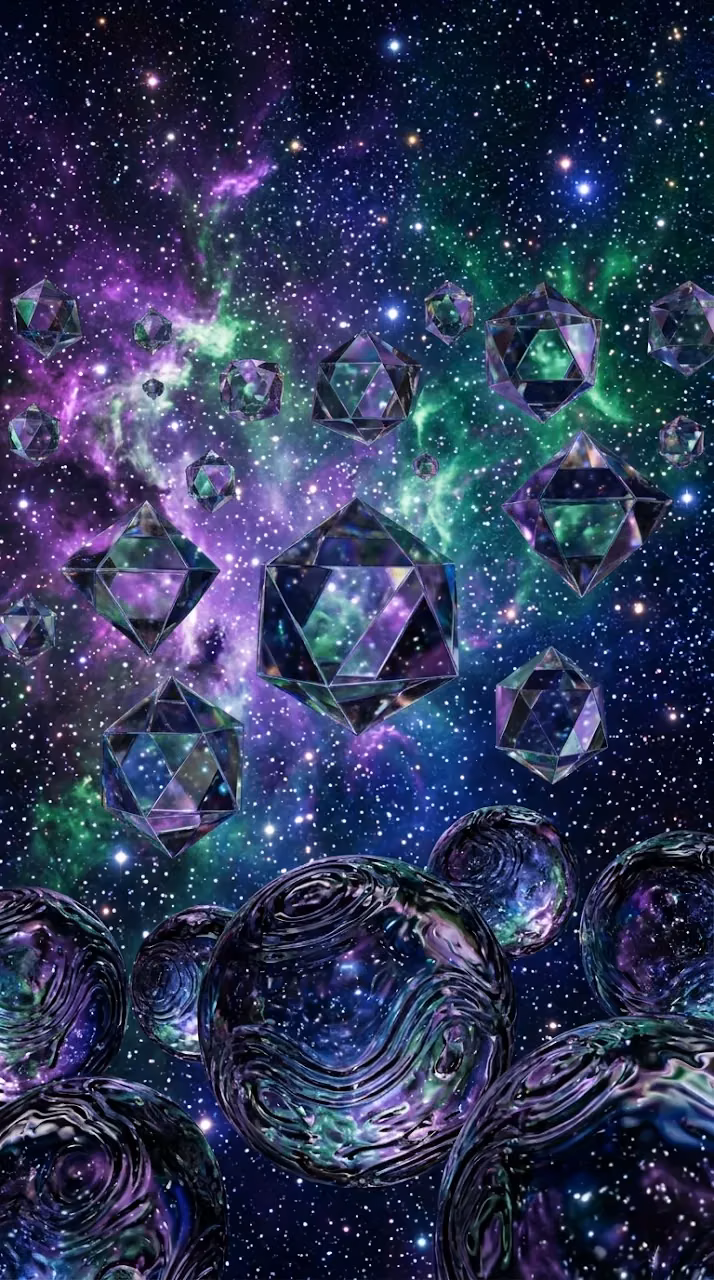 Floating Mirrored Octahedrons Reflecting Violet and Emerald Nebula - Free Mobile AMOLED Wallpaper Background