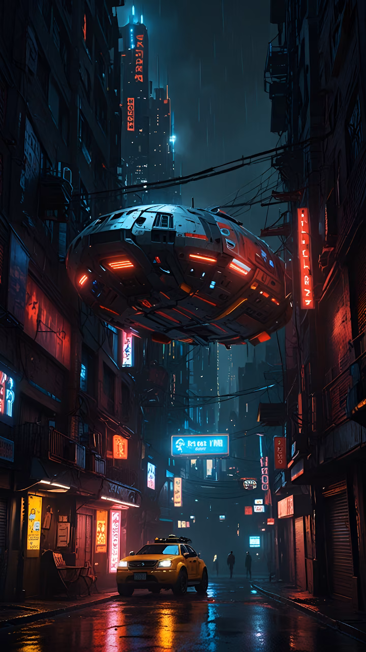 Floating Spaceship Hovering Over Neon-Lit Rainy City Street - Free Mobile AMOLED Wallpaper Background
