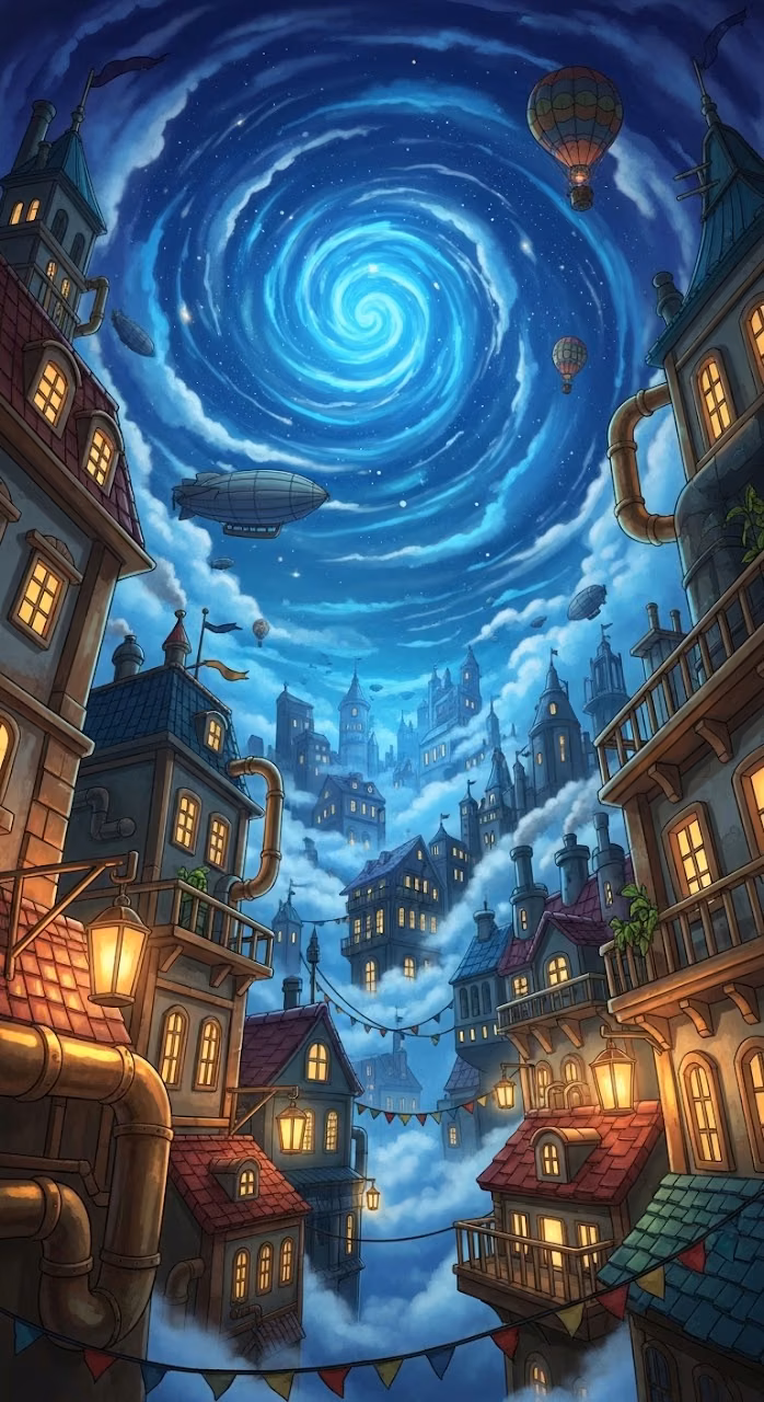 Floating Steampunk City Clouds - Free Mobile AMOLED Wallpaper Background