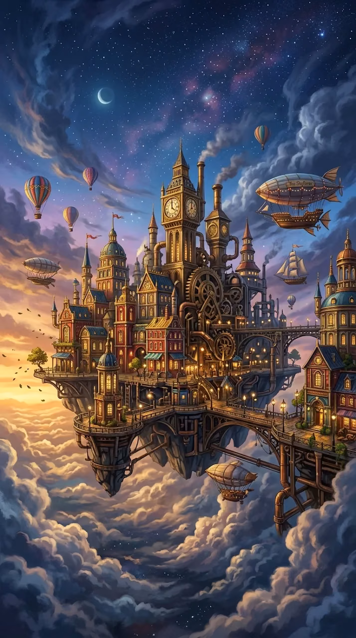 Download Floating Steampunk City with Airships and Hot Air Balloons Wallpaper in Mobile HD Floating Steampunk City with Airships and Hot Air Balloons - Free Mobile AMOLED Wallpaper Background