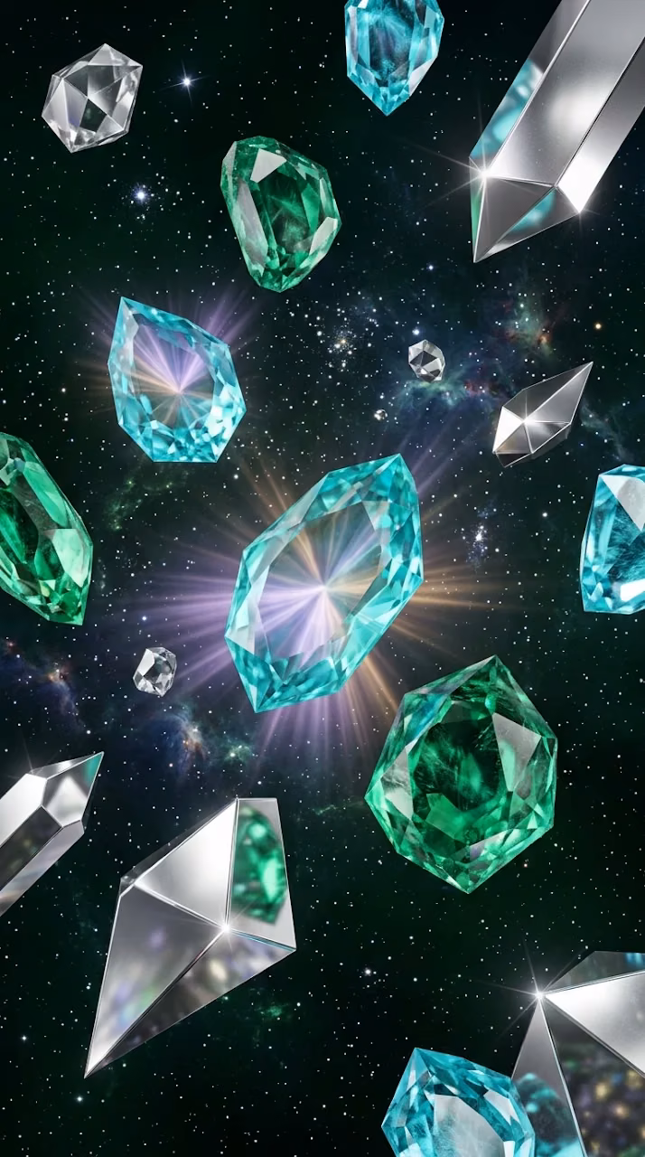 Download Floating Translucent Emerald and Turquoise Gemstones in Space Wallpaper in Mobile HD Floating Translucent Emerald and Turquoise Gemstones in Space - Free Mobile AMOLED Wallpaper Background