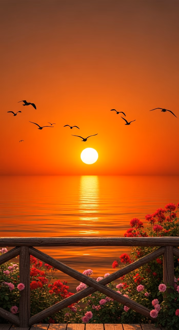 Flock of Seagulls Flying Over the Ocean During a Vivid Orange Sunset with Roses - Free Mobile AMOLED Wallpaper Background