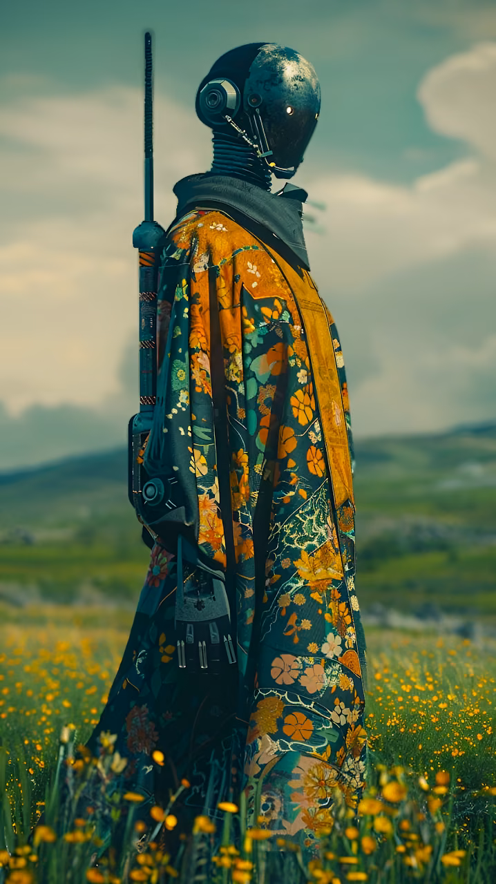 Floral Kimono Robot Cyborg Field Yellow Flowers Sci Fi - Free Mobile AMOLED Wallpaper Background