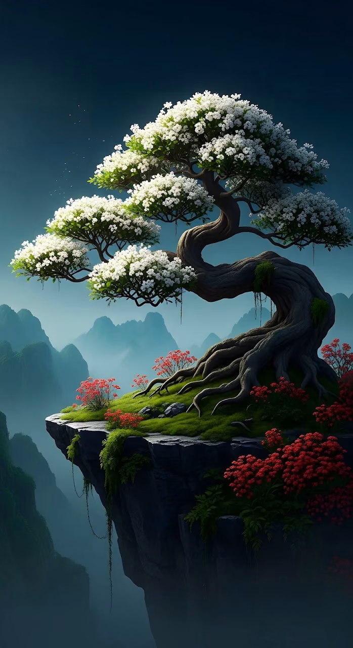 Download Flowering Bonsai Tree on Misty Mountain Cliff Edge Wallpaper in Mobile HD Flowering Bonsai Tree on Misty Mountain Cliff Edge - Free Mobile AMOLED Wallpaper Background