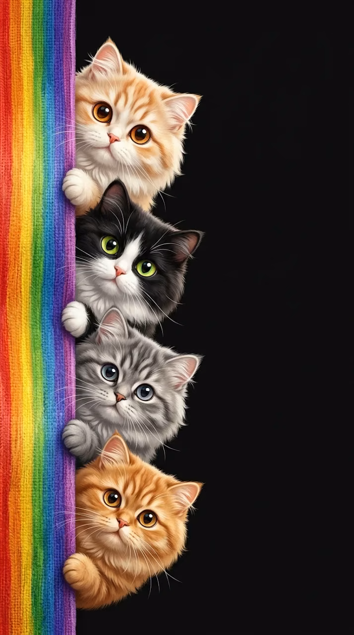 Download Fluffy Cats Peeking from a Rainbow Vertical Strip on Black Wallpaper in Mobile HD Fluffy Cats Peeking from a Rainbow Vertical Strip on Black - Free Mobile AMOLED Wallpaper Background