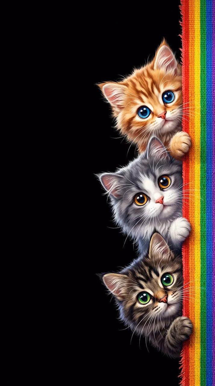 Download Fluffy Cats Peeking from a Rainbow Strip on the Right Margin Wallpaper in Mobile HD Fluffy Cats Peeking from a Rainbow Strip on the Right Margin - Free Mobile AMOLED Wallpaper Background