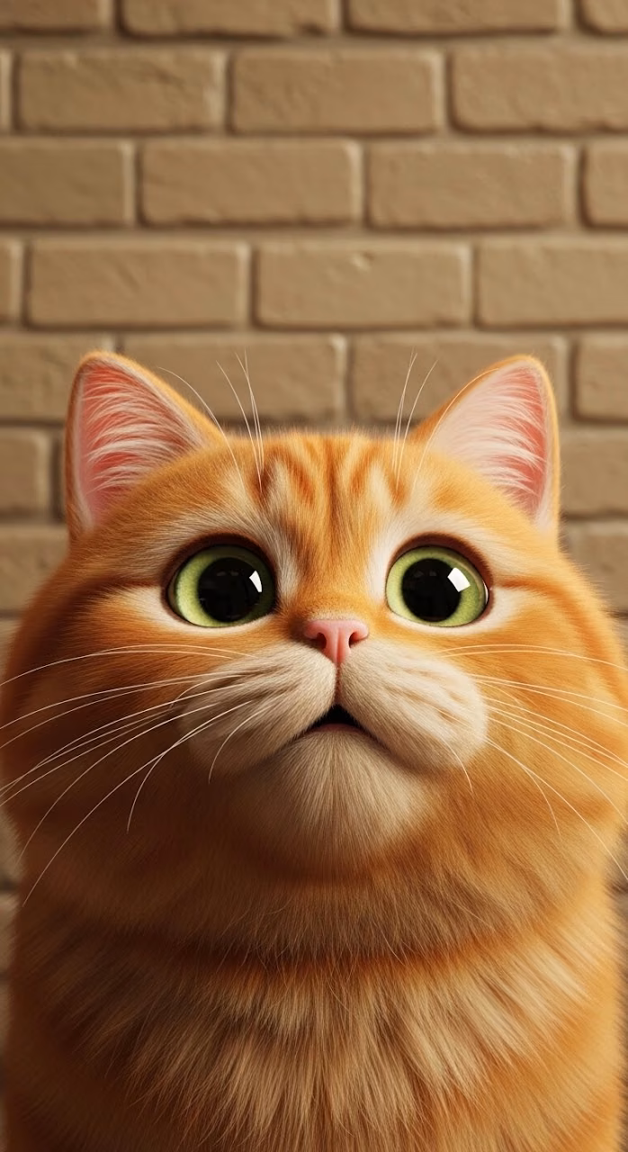 Fluffy Orange Cartoon Cat Peeking Against Brick Wall - Free Mobile AMOLED Wallpaper Background