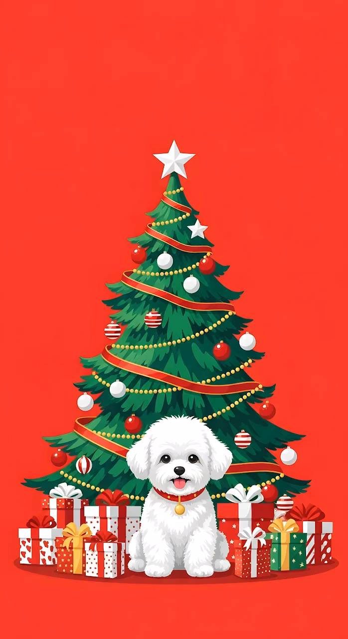 Fluffy White Puppy Christmas Tree Festive Illustration - Free Mobile AMOLED Wallpaper Background