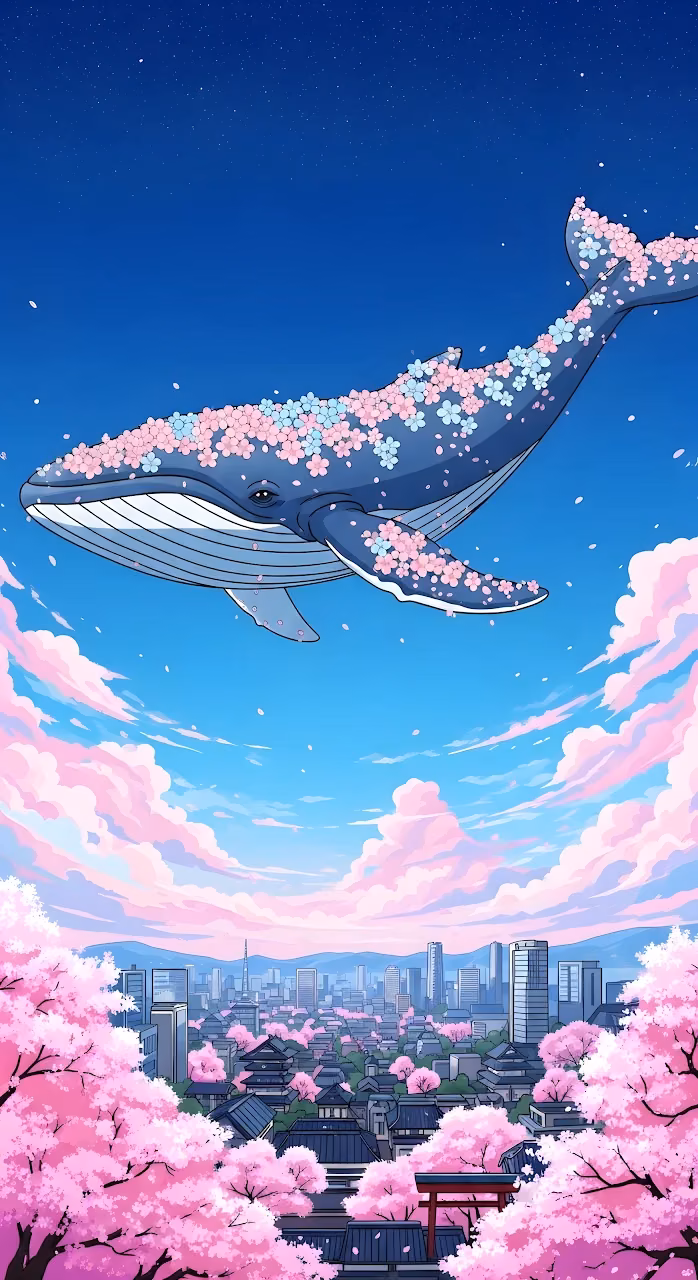 Download Flying Sakura Whale over Japanese Cityscape (Anime Style) Wallpaper in Mobile HD Flying Sakura Whale over Japanese Cityscape (Anime Style) - Free Mobile AMOLED Wallpaper Background